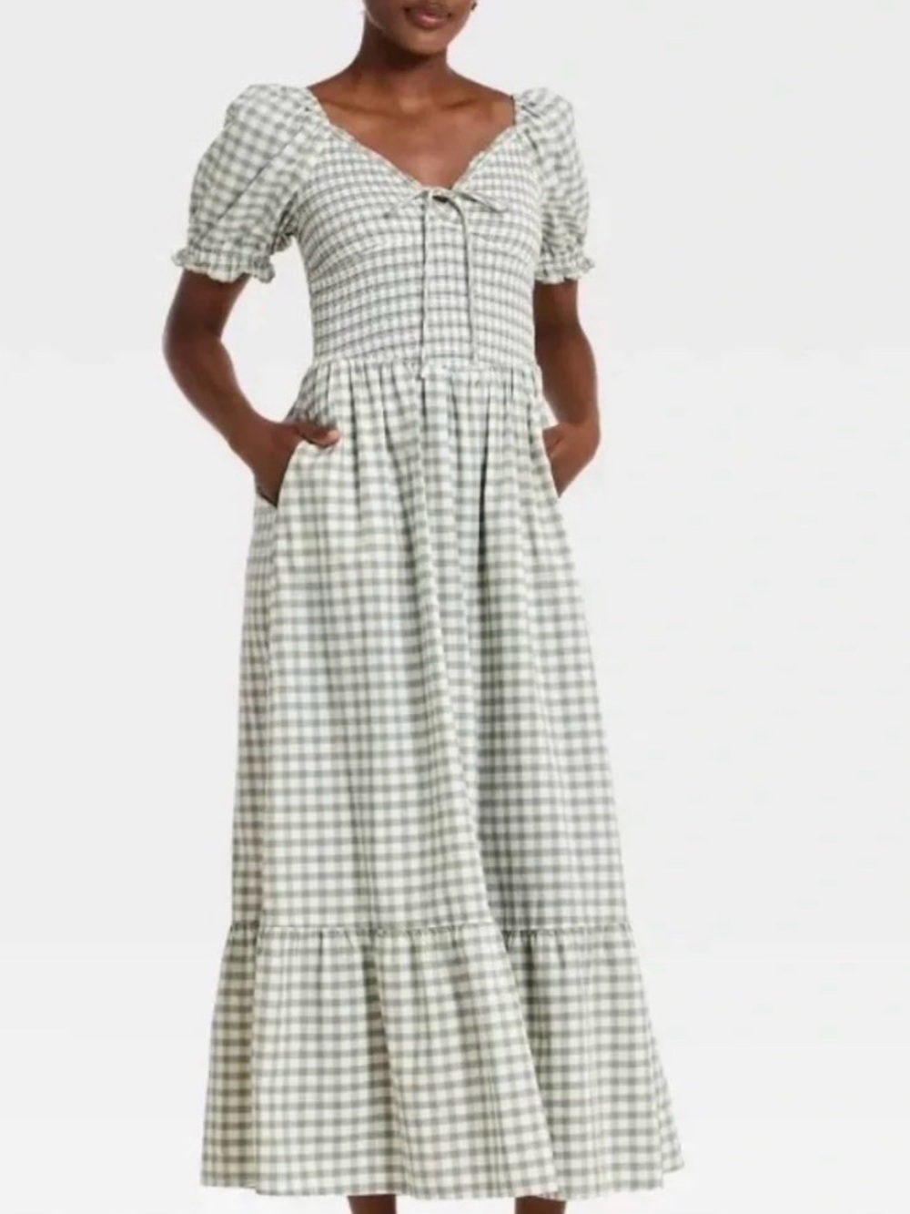 Universal Thread Green Gingham Smocked Puff-Sleeve Maxi Dress